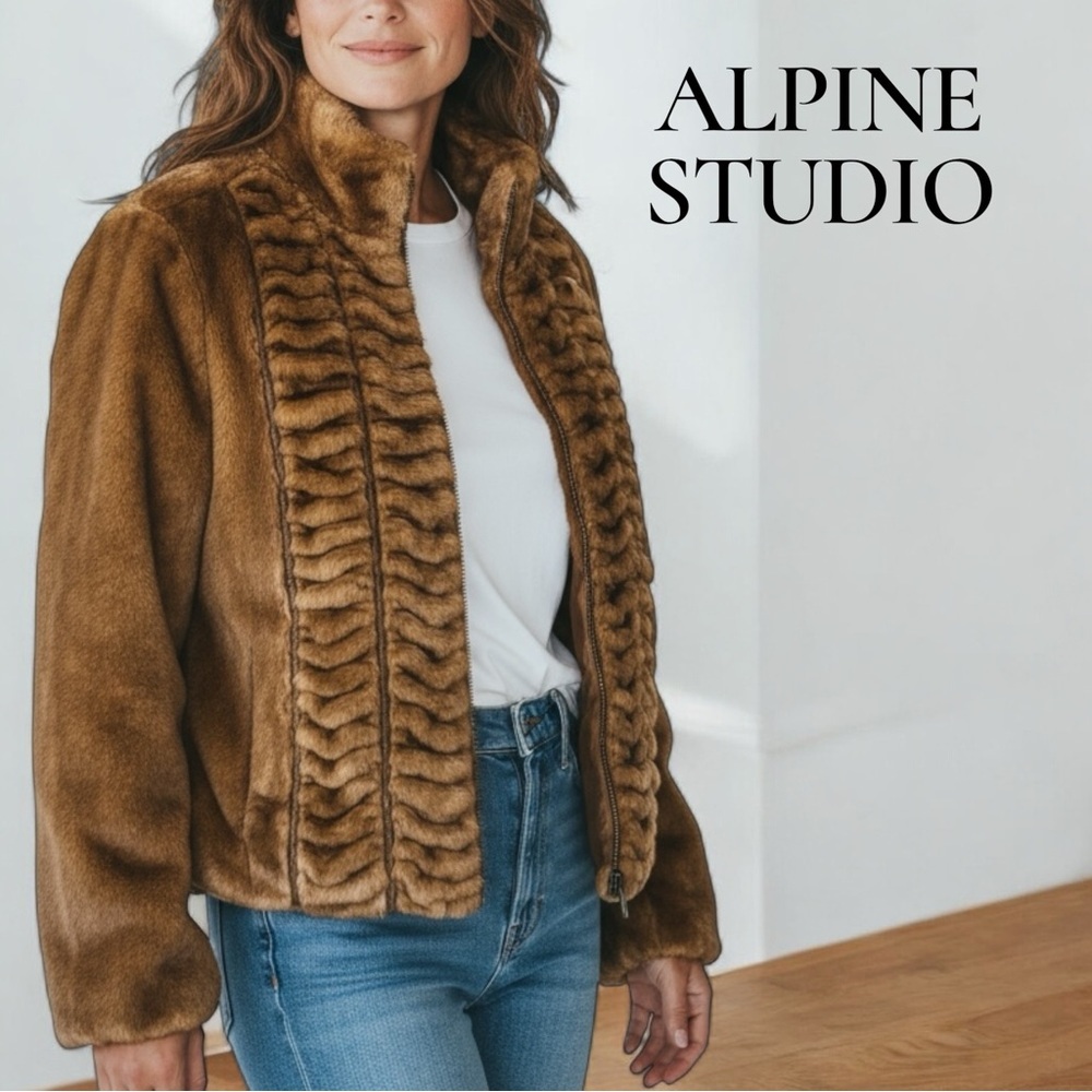 Alpine Studio Brown Faux Fur Jacket Ruched Distressed Faux Leather Trim Zipper - Picture 2 of 12